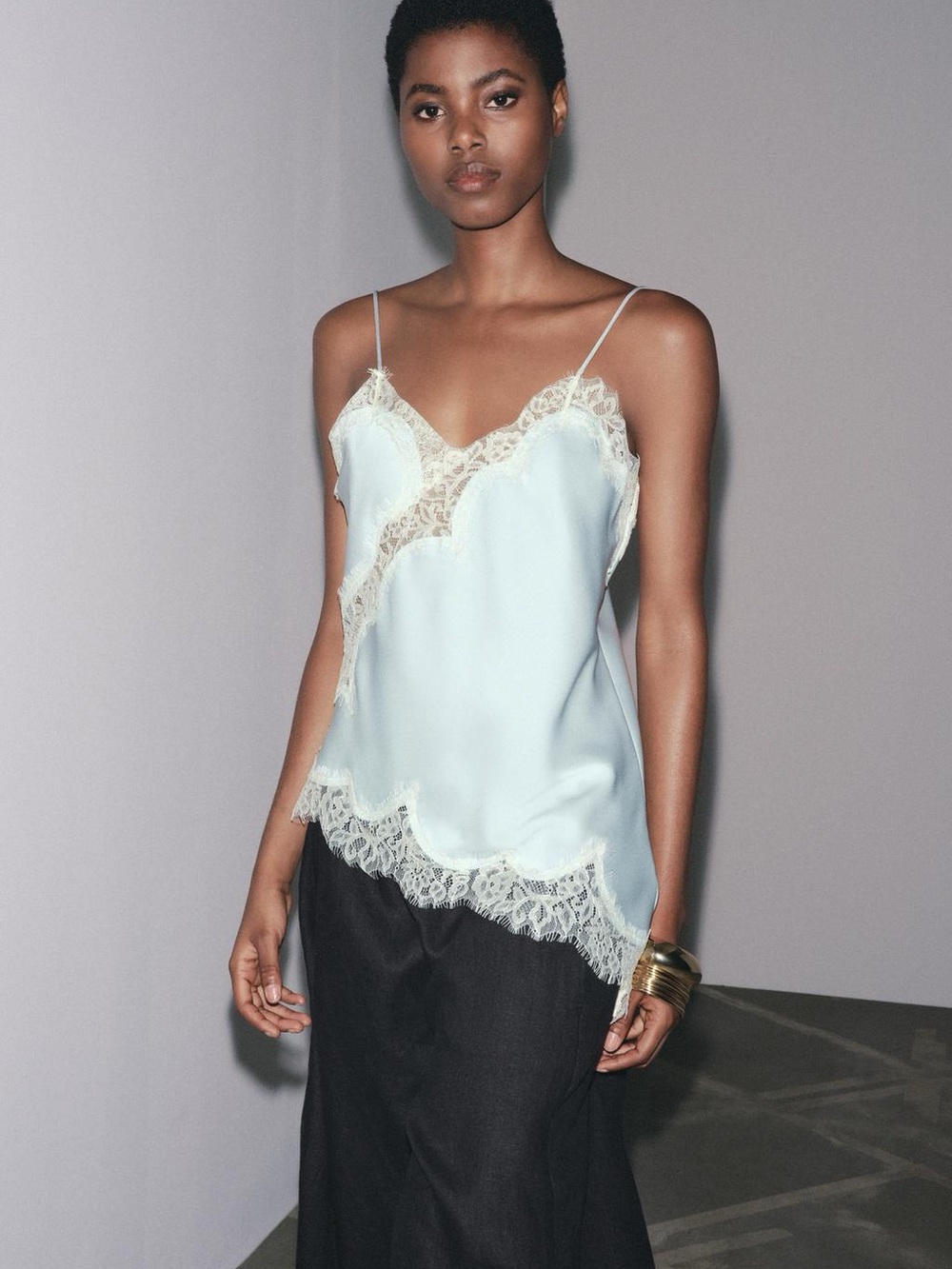 ZARA ZW- Light Blue Slip top with lace. L NWT